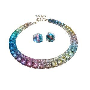 Rainbow Crystal Choker Necklace & Rivoli Stud Earrings Jewelry Set